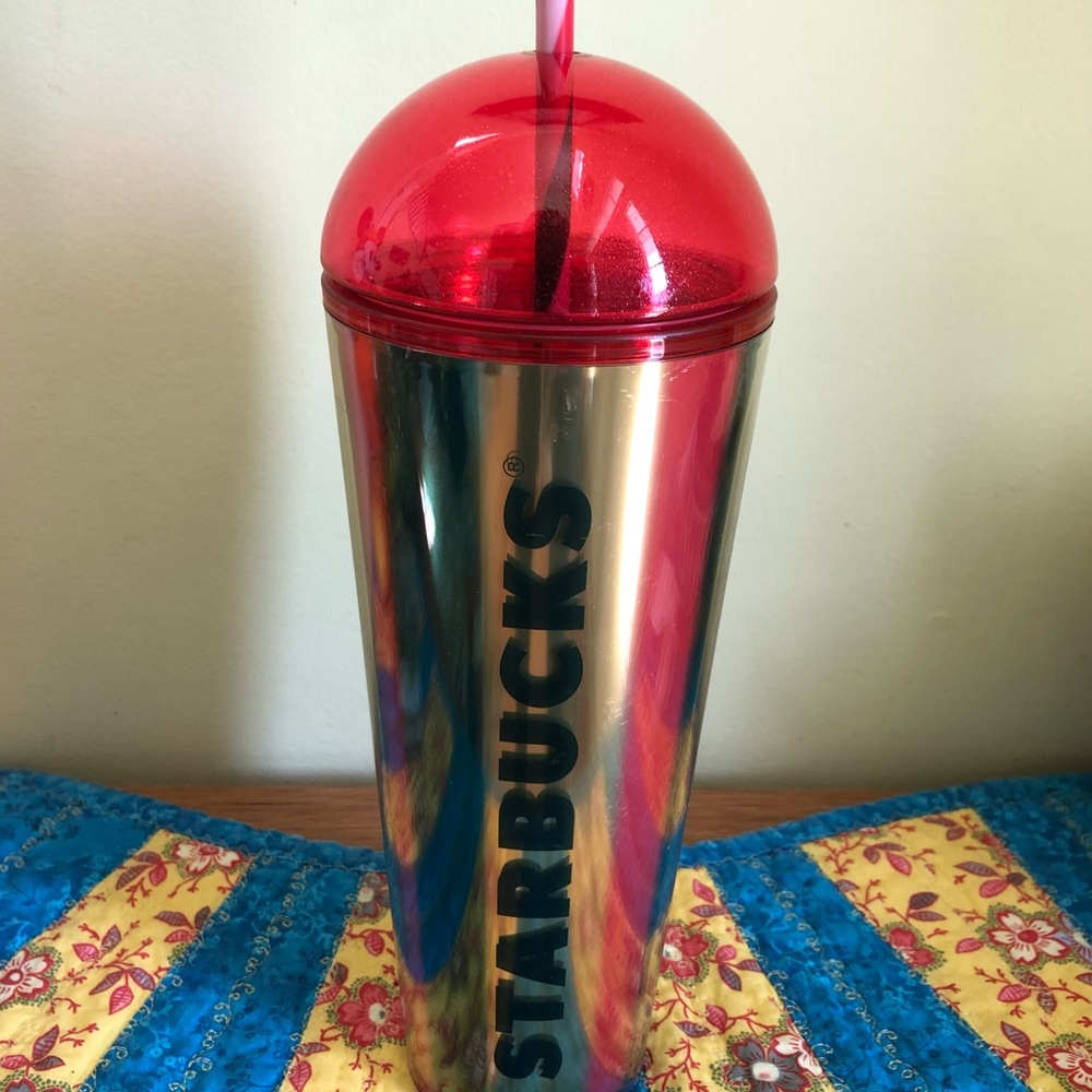 Starbucks Holiday Domed Tumbler with Straw 24oz Cup Red Green Gold Venti